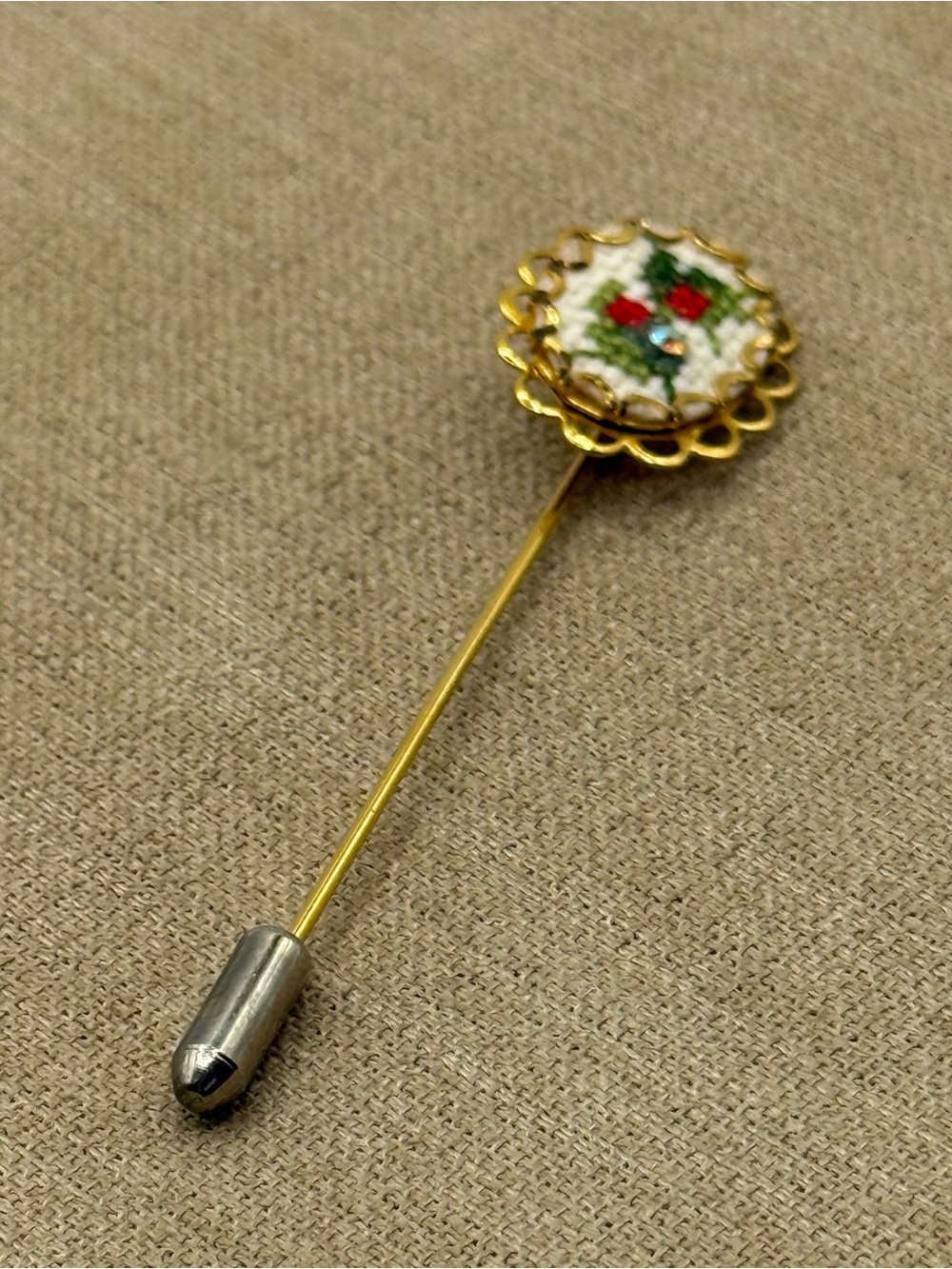 Gold tone Christmas Floral Stick Pin with Red and Green Enamel